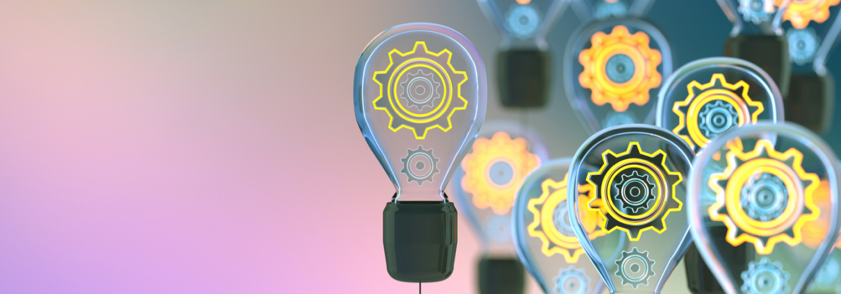 Innovation and new ideas lightbulb concept, gears inside